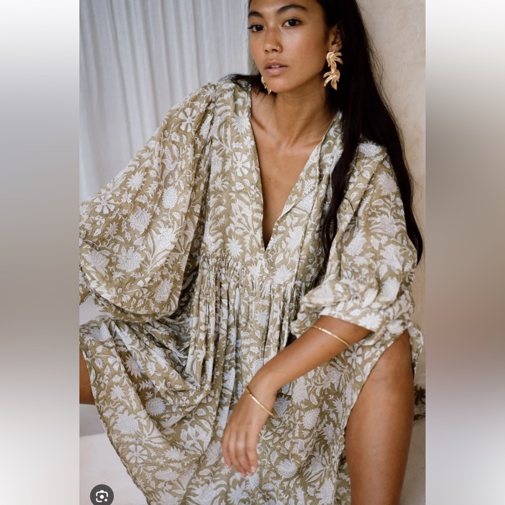 Daughters Of India Kyra Midi Dress Balloon Sleeve Olive Green XS Cotton Boho - Picture 2 of 7